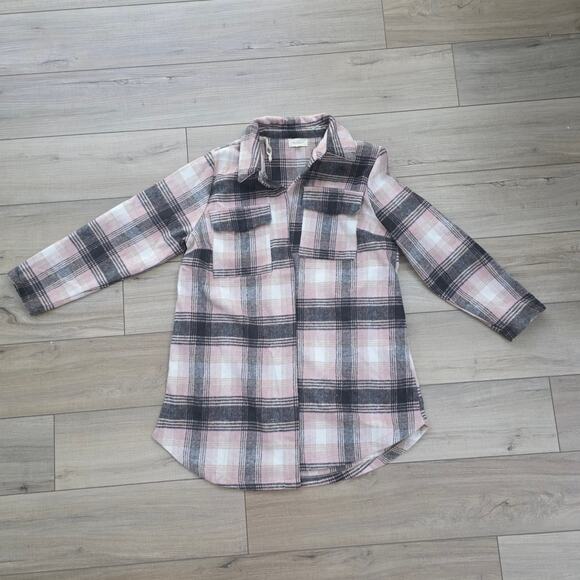 Melloday Long Flannel Open Cardigan Cream/Pink Plaid Jacket Women Plus Sz 1X - Picture 3 of 12